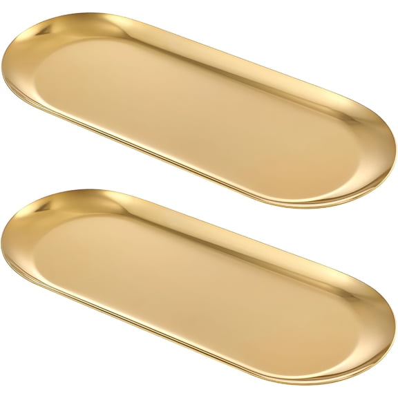 LAMIRO 2PACK Gold Decorative Tray,Bathroom Vanity Tray for Dresser Counter,Kitchen Sink Tray for Soap Dispensers,Stainless Steel Jewelry Tray,Perfume Ring Key Candle Organizer Tray,Oval