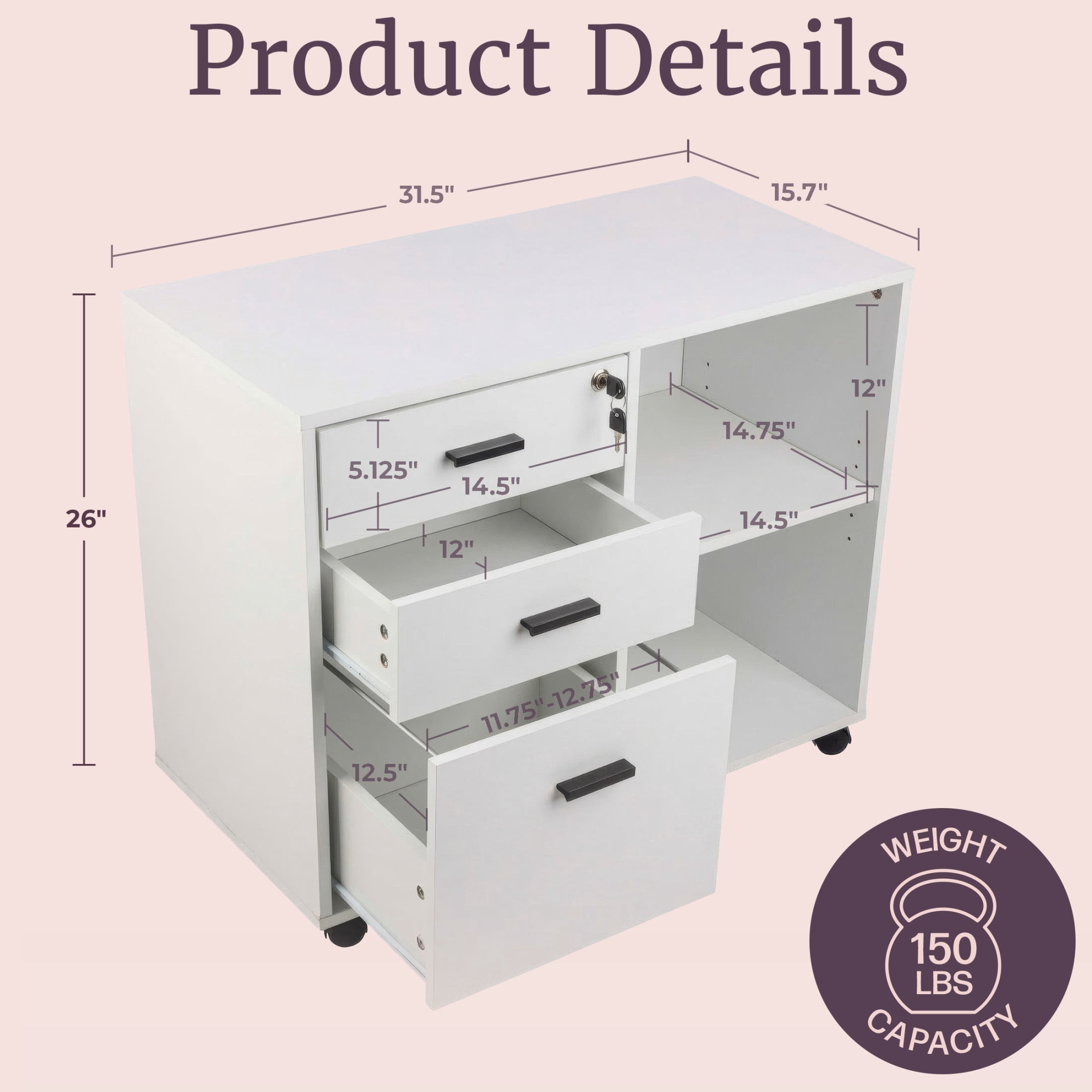 Lavish Home 3 Drawer File Cabinet with 3 Storage Drawers and Adjustable Shelf (White)