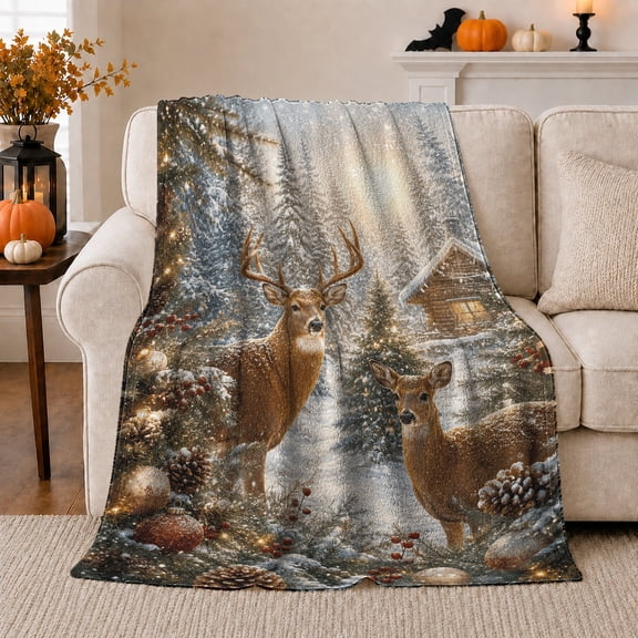 Enchanted Winter Forest Deer Christmas, Peaceful Mountain Lake Scene, Warm Flannel Blanket for Cabin and Lodge with Detailed Artwork, Outdoor Lovers Camping Gift, Rustic Home Decor