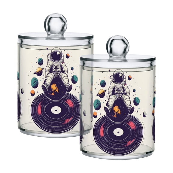 Yayeee 2 Pack Qtip Holder Dispenser for Bathroom with Lid Cotton Swab Canister, Orange Astronaut Planet