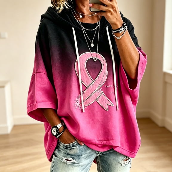 Women's Breast Cancer Awareness Short Sleeve Hoodie Pink Ribbon Graphic Drawstring Oversized Hooded Pullover Top, 2XL