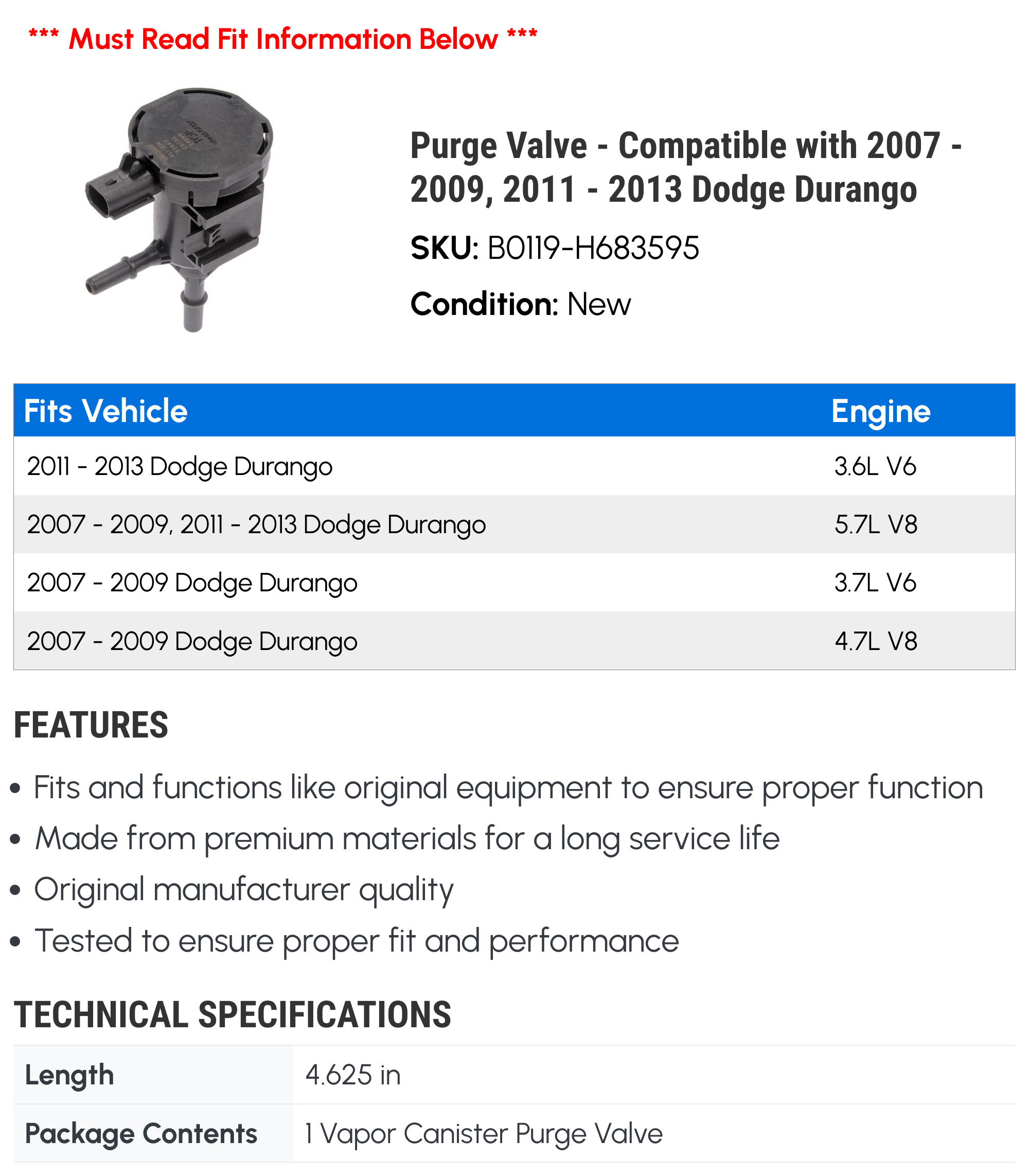 Purge Valve - Compatible with 2007 - 2009, 2011 - 2013 Dodge Durango - Dorman