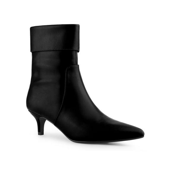 BLISSFUL STEP Women's Fold Over Kitten Heels Solid Print Zip-Up Ankle Boot Black 6