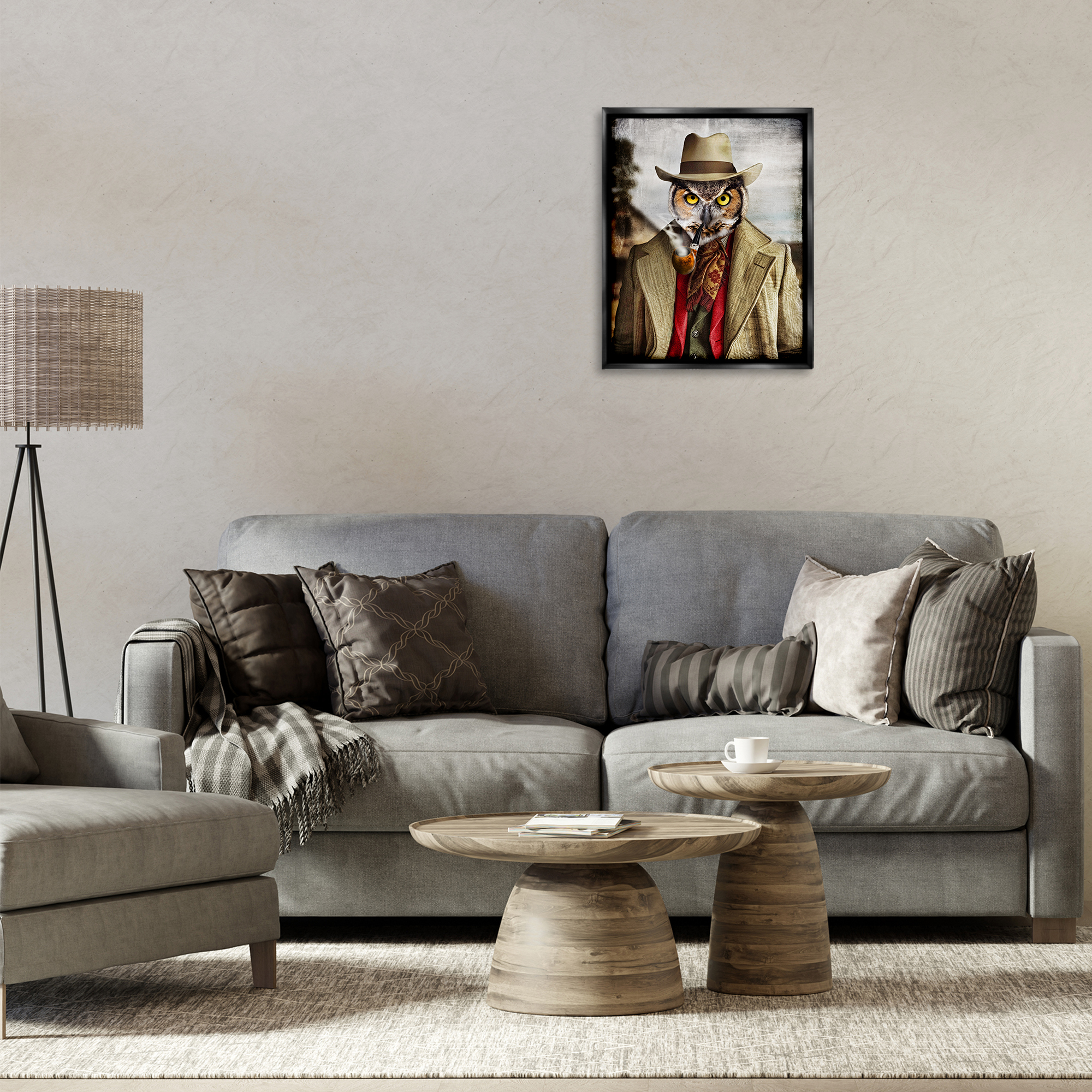 Stupell Industries Owl with Classic Pipe Animals & Insects Painting Black Floater Framed Canvas Art Print Wall Art, 17 x 21