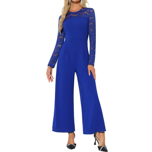 INSPIRAR CHIC Mono de Fiesta para Mujeres Elegante Cuello Redondo Manga de Encaje de Malla Suelto Pierna Ancha Romper M Azul Real