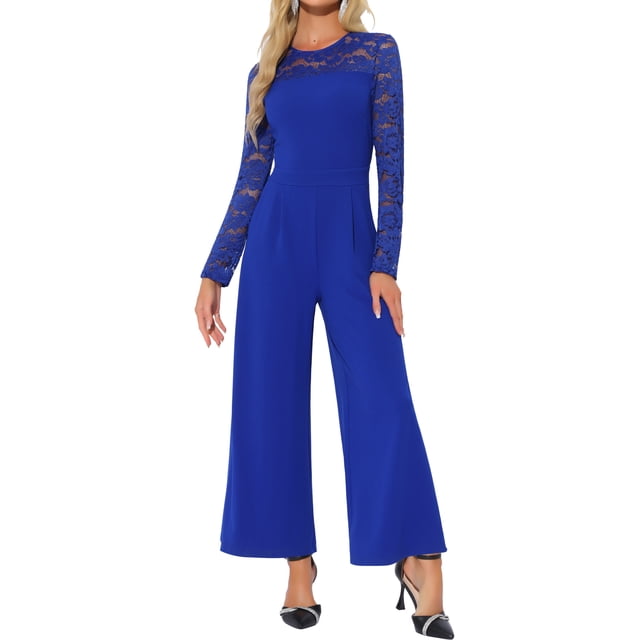 INSPIRAR CHIC Mono de Fiesta para Mujeres Elegante Cuello Redondo Manga de Encaje de Malla Suelto Pierna Ancha Romper M Azul Real