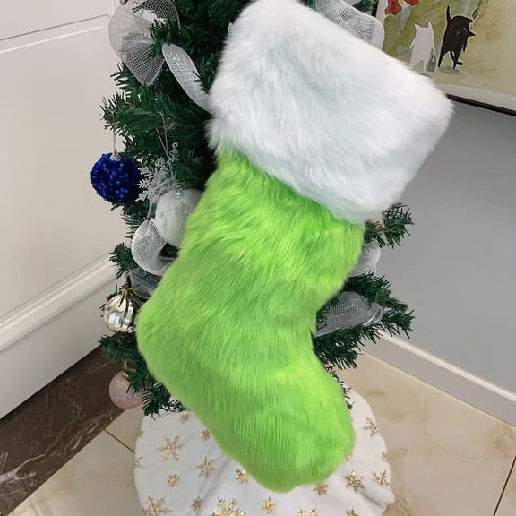Green White Plush Christmas Stockings,Deluxe Fuzzy Green Christmas Stockings Hanging Ornaments Candy Gift Bags for Xmas Fireplace Holiday Decorations,