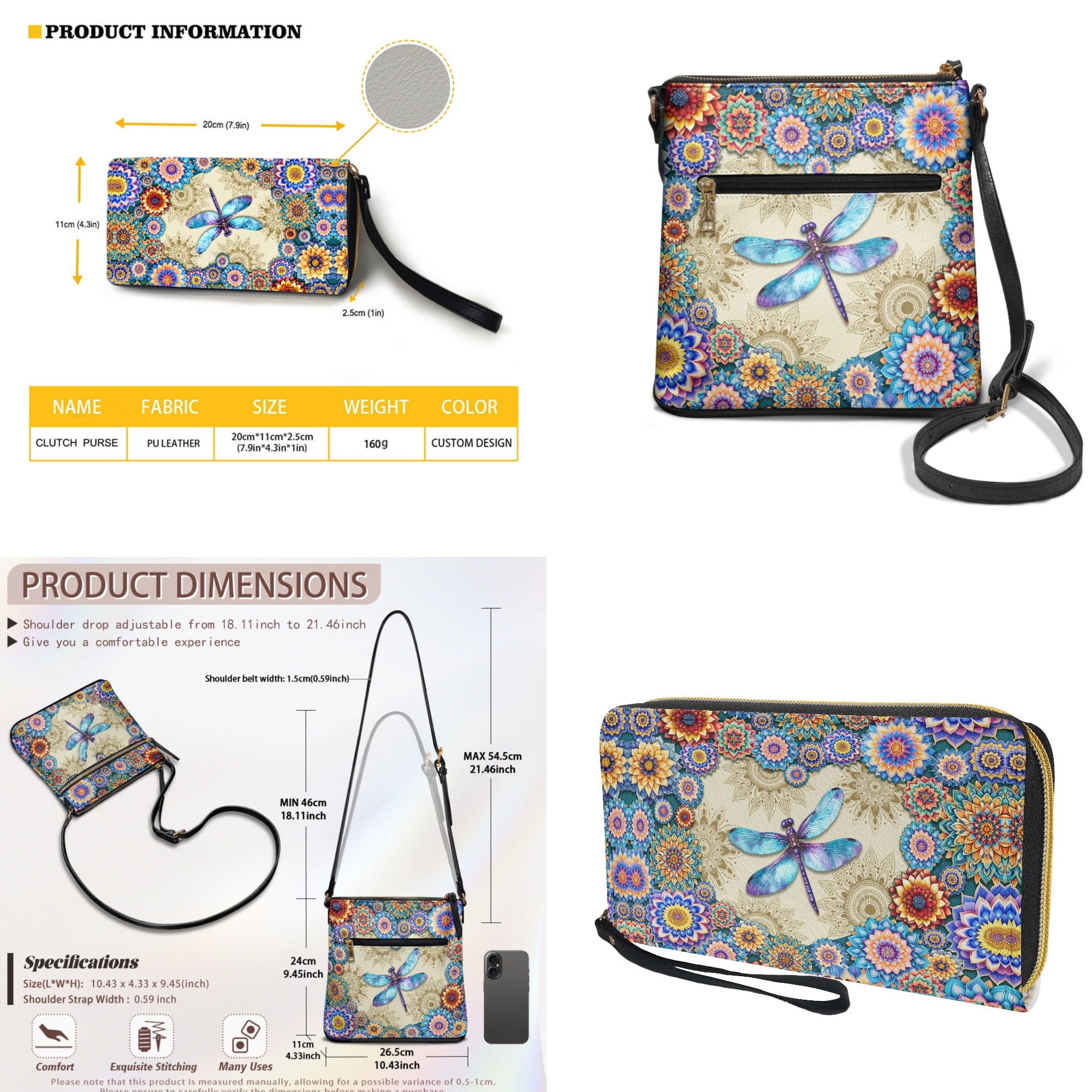 ZUXONGSY Boho Mandala Dragonfly Print PU Leather Crossbody Hobo Bag and Wallet Set for Women, Adjustable Strap, Perfect for Travel, Work & Shopping