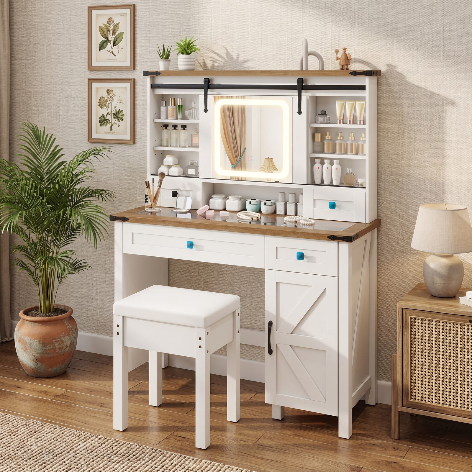 Furnibear Farmhouse Makeup Vanity Desk with 3 Color LED Sliding Mirror and 4 Drawers and Side Cabinet and Padded Stool, White