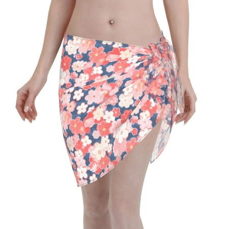 Adobk Women Beach Sarong Bathing Suit Japanese Cherry Blossoms Print Wrap Skirt Sheer Bikini Swimsuit Cover Ups For Swimwear