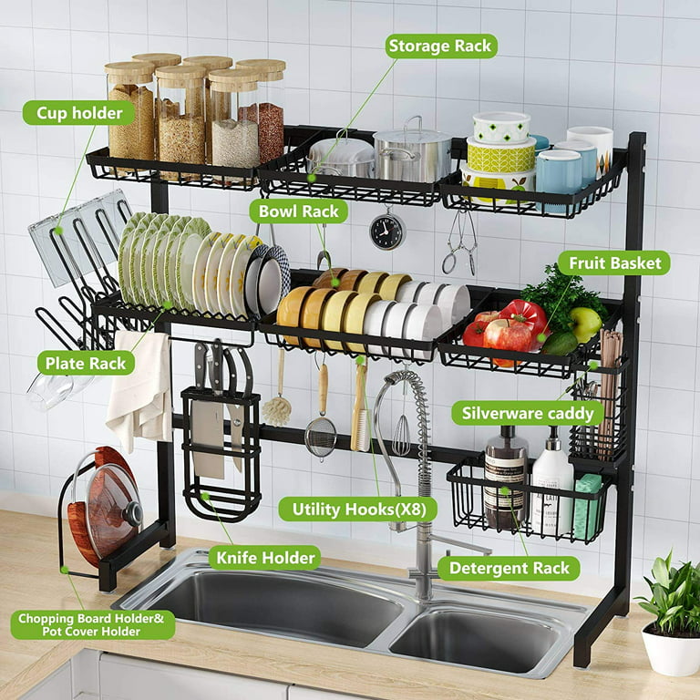 Wercome Over The Sink Dish Drying Rack 3 Tier Large Kitchen Sink Shlef Dish Rack Over The Counter Metal Dish Drying Rack Adjustable (28.34-31.49)