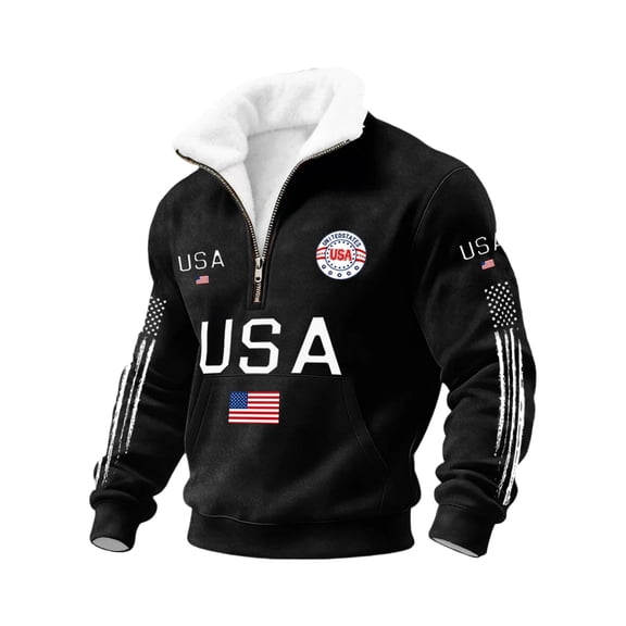 Mens Quarter Zip Pullover Sweatshirt USA Letter Print Long Sleeve Fleece Lined Stand Collar Top Casual Athletic Outerwear Black L