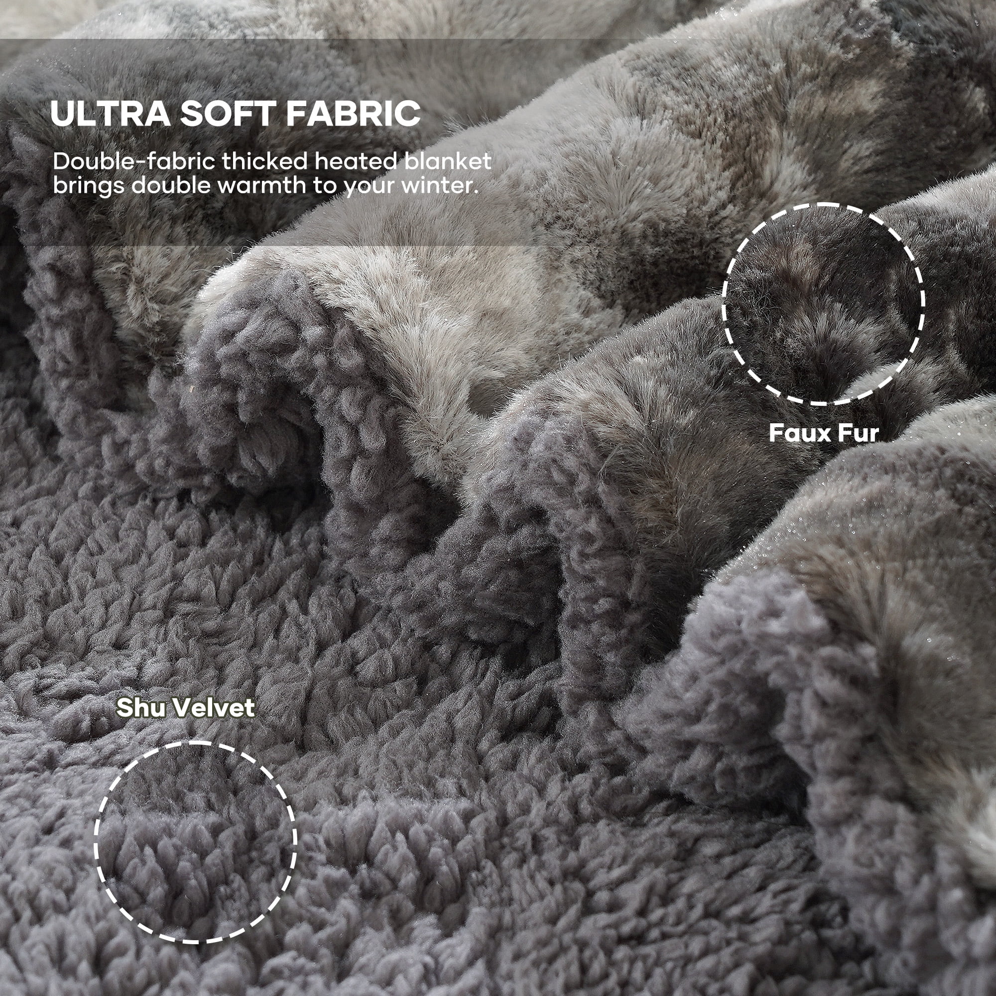 MARNUR Heated Blanket Electric Throw 50" x 60", Soft Faux Fur & Shu Velvet Heated Throw Blanket, 6 Heating Levels, 4 Hours Timer, Tie-Dye Off Gray