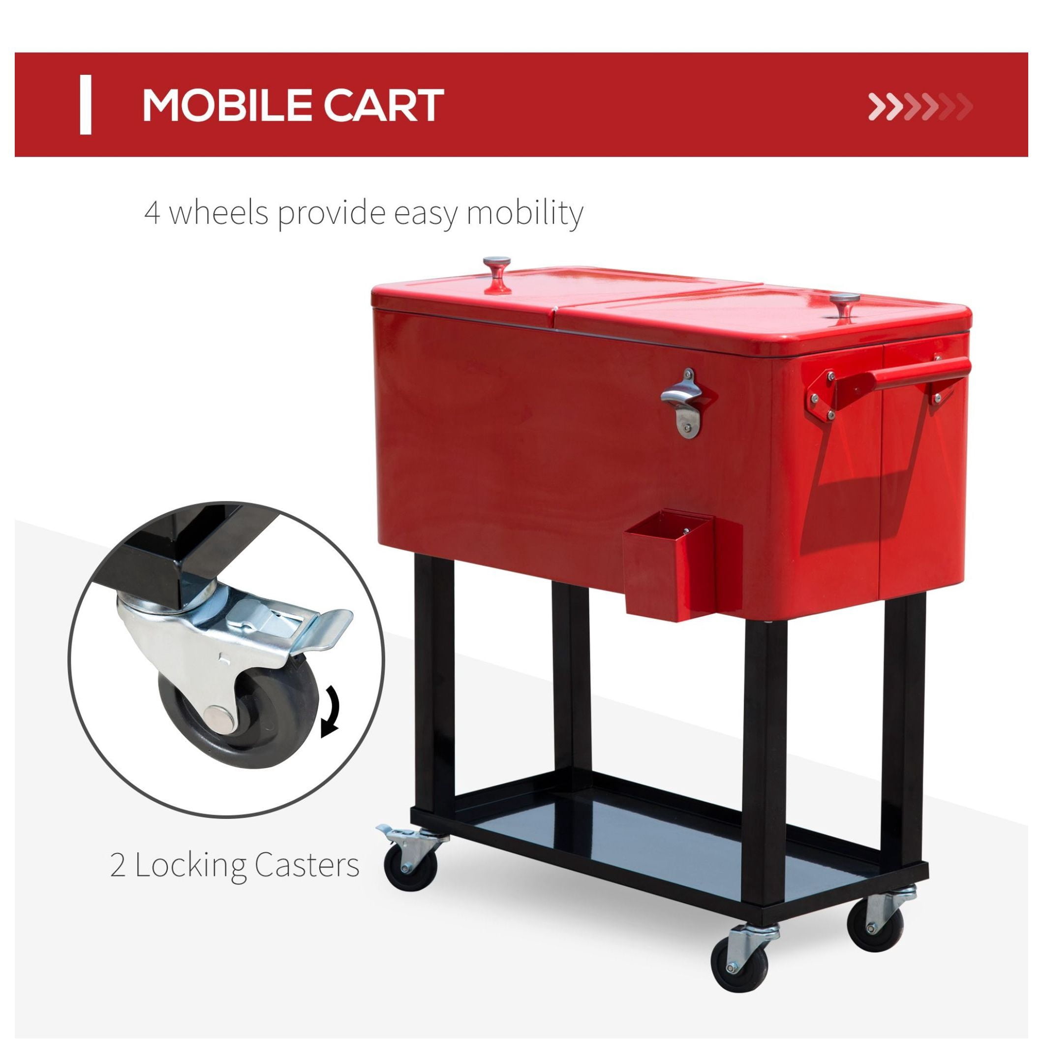 80 QT Rolling Cooler Cart, Red Ice Chest on Wheels for Parties & Outdoors