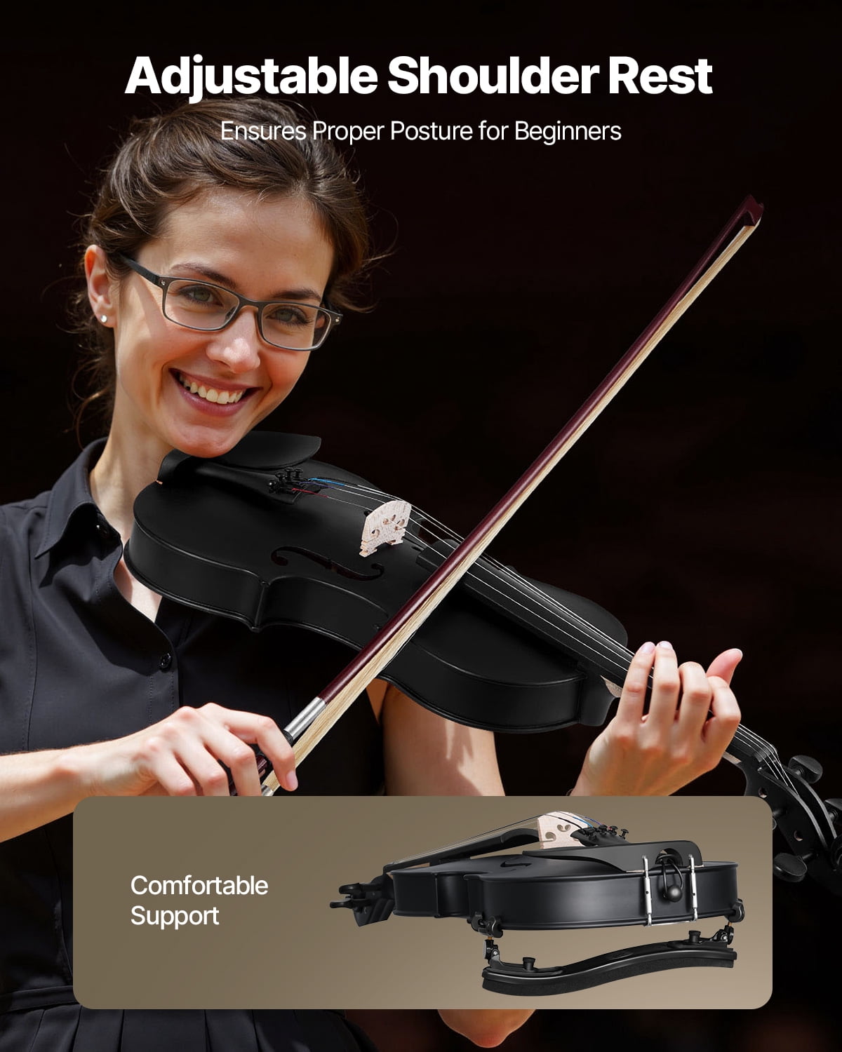 VEVOR Violin 4/4 Full Size for Adults, Violin Fiddle Set for Beginners Student with Hard Case, Rosin, Bow, Shoulder Rest, Bridge, Tuner and Extra Strings, Professional Solidwood Instruments (Black)
