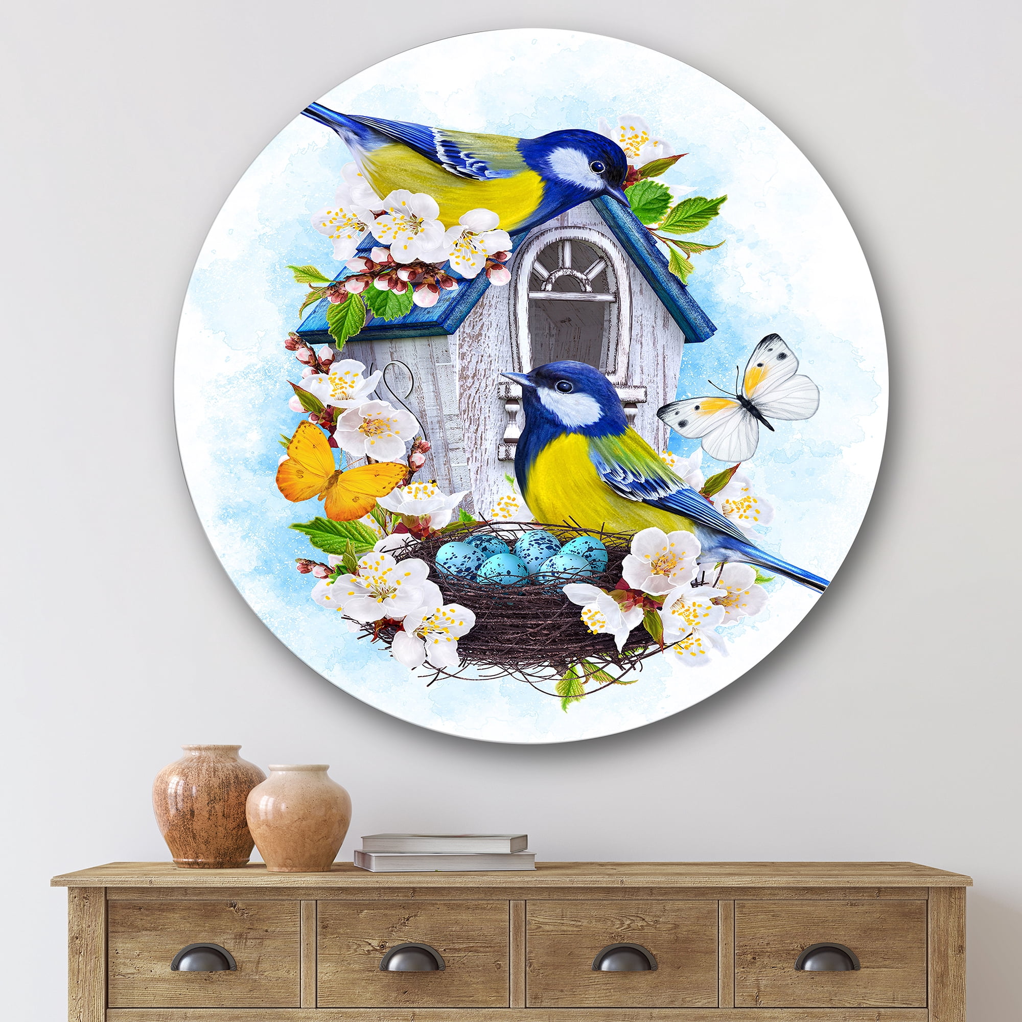 Designart 'Two Tit Birds Sitting Near The Nest With Eggs and White Flowers I' Traditional Circle Metal Wall Art 36x36 - Disc of 36
