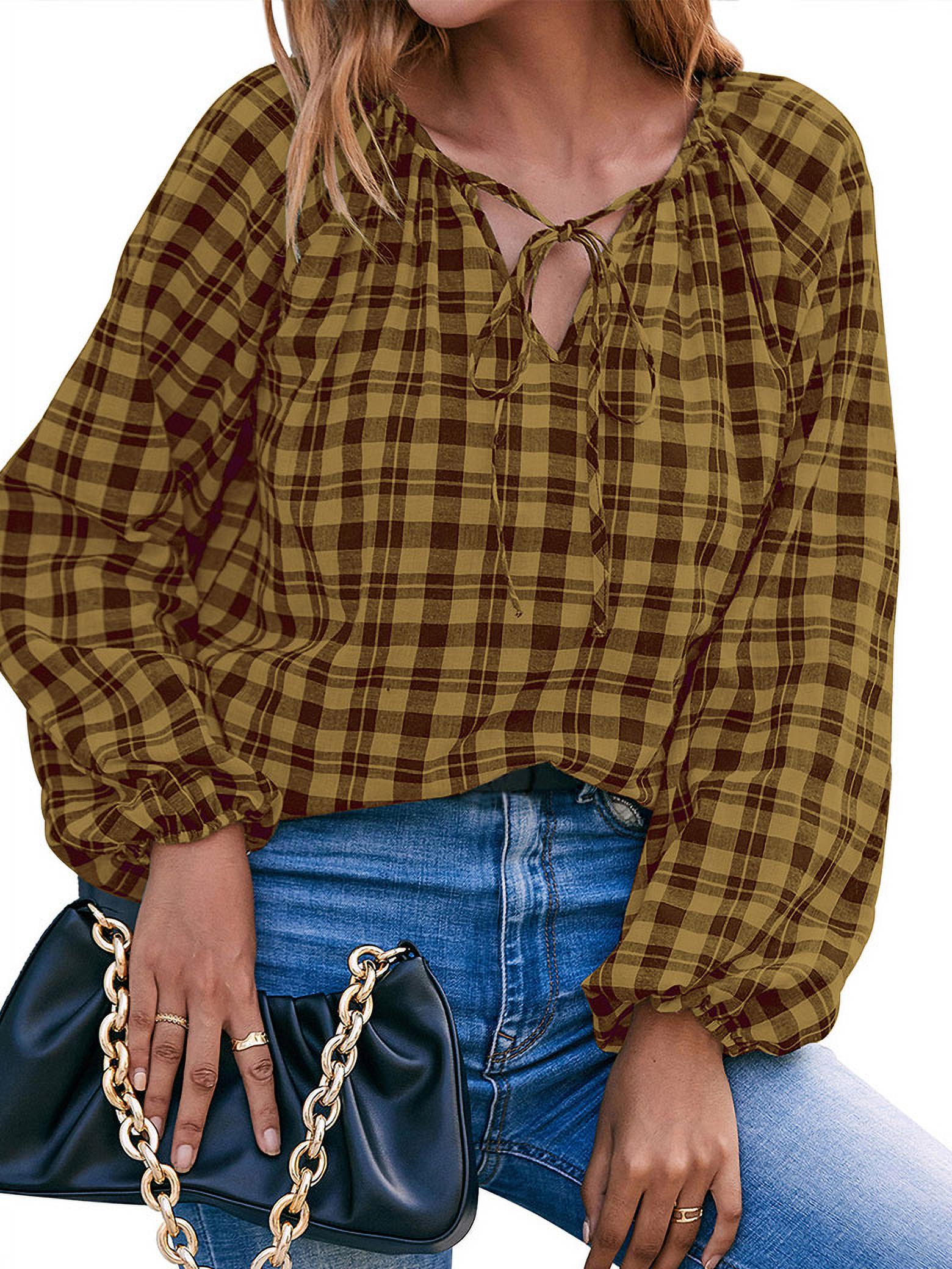 ManHanLi Women Strappy V Neck Checkered Long Sleeve