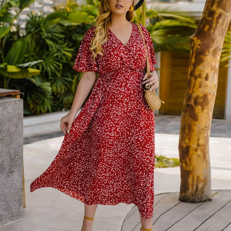 KONBECA Women's Plus Size Dresses, Sexy V Neck Short Sleeve Printing Dress, Oversize Elegant Loose Casual Dress, Large Size Long Dress Maxi Dress Red XL - Walmart.com