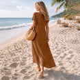 thumbnail image 6 of Women's Linen Cotton Blend Dress with Three Quarter Sleeves Pleated Solid, 6 of 9