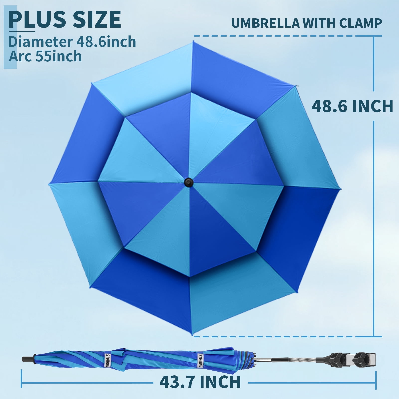 2 Pack 48.6" Double Canopy Umbrella with Clamp, UPF50+ Beach Chair Umbrella with clip, 360°Adjustable Portable Outdoor Wheelchair, Patio, Golf Carts,Camping(Blue / Light Blue, Not Include Chair)