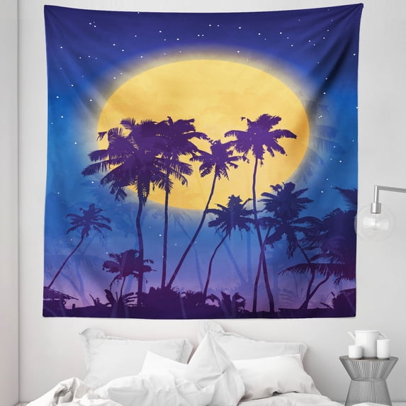 Island Party Tapestry, Full Moon Sky Above Coconut Palm Trees Beach Night Tropics, Fabric Wall Hanging Decor for Bedroom Living Room Dorm, 5 Sizes, Dark Purple Navy Blue, by Ambesonne