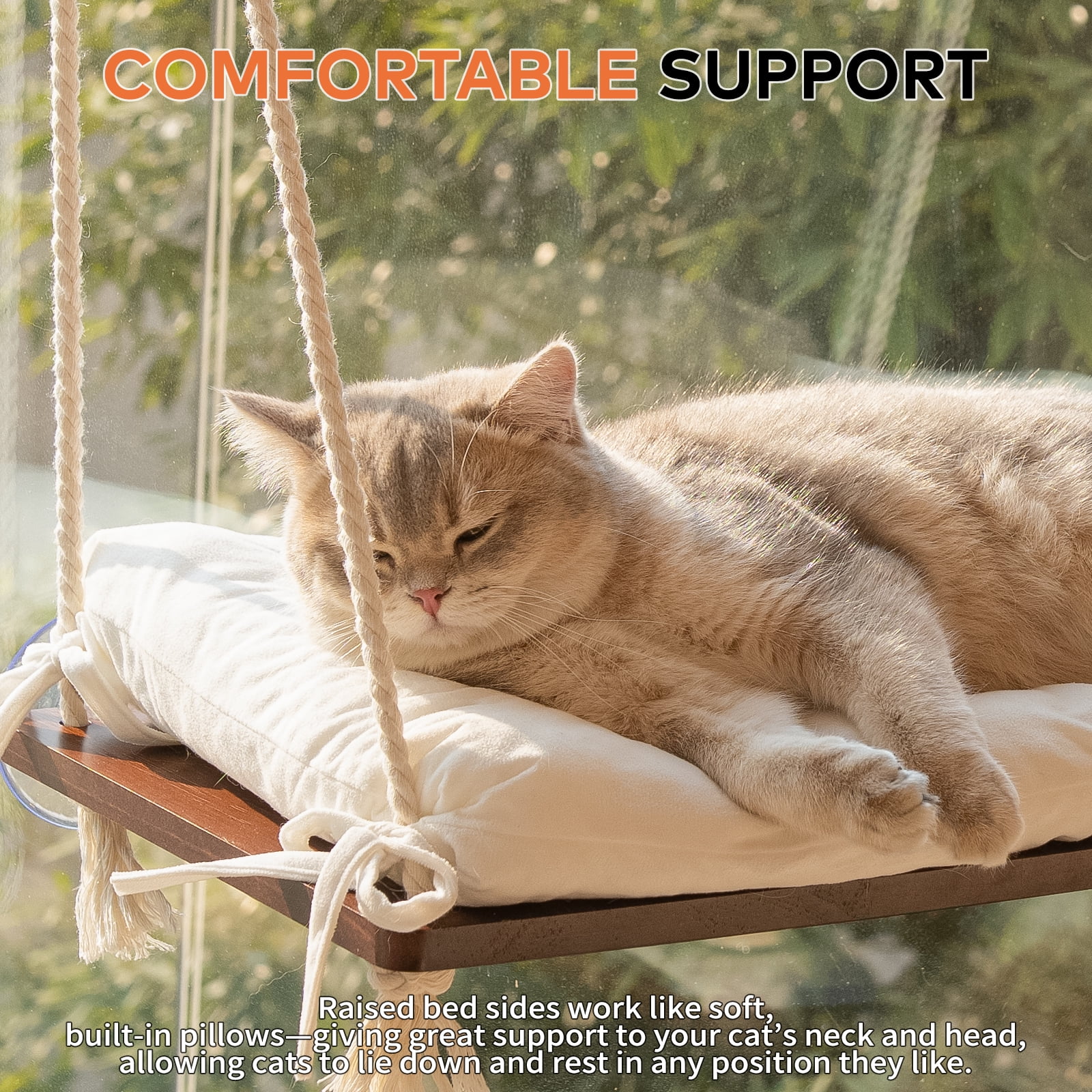 CheerPals Cat Window Perch with Cushion, 27.5*15In Solid Wood Hammock Bed, 45lb Capacity for Indoor Cats