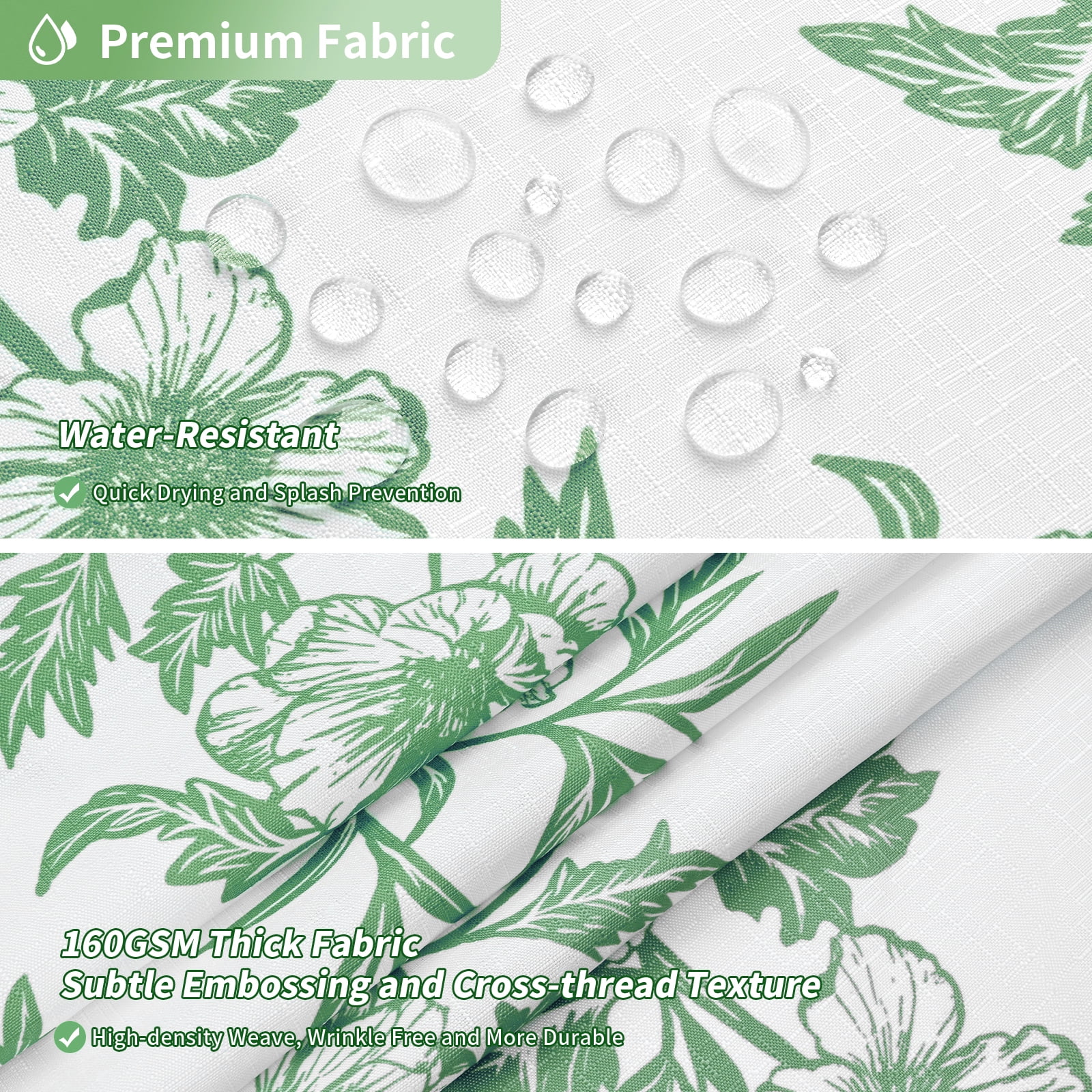 FRAMICS Sage Green Shower Curtain Sets with Non-Slip Rug & 12 Hooks, Heavy Duty Floral Cottagecore Fabric Bathroom Sets, Waterproof & Washable 72" x 72"