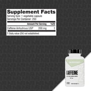 NutraBio 100% Pure Caffeine Capsules (250 Capsules)