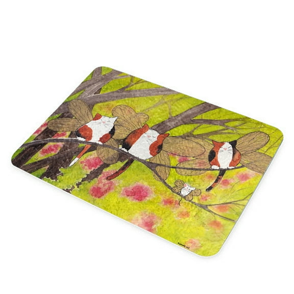 KuzmarK Glass Cheese Cutting Board 11"x7.75" - Calico Kitty and White Mouse Fairies with Redbud Trees Cat Art by Denise Every