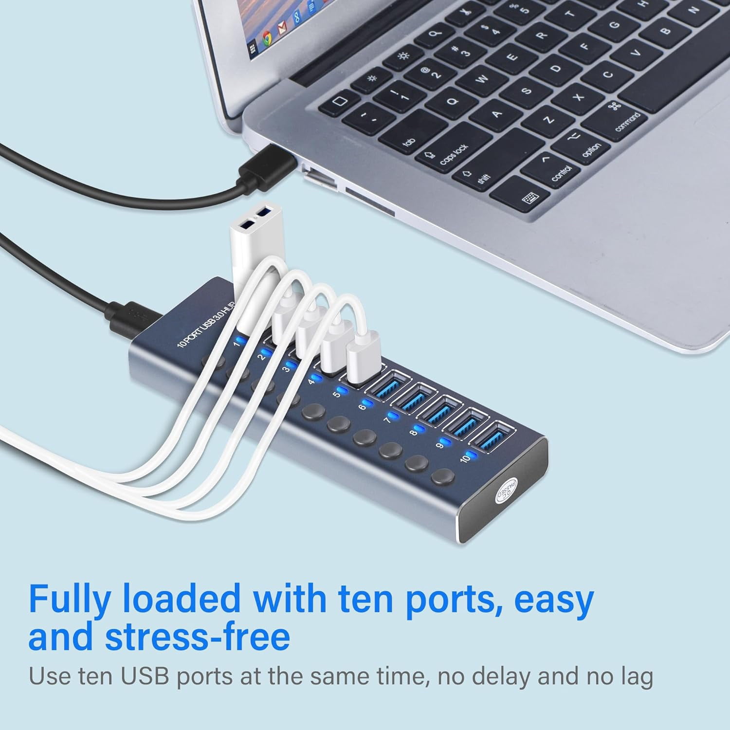 Powered USB Hub, AUBEAMTO Aluminum 10-Port USB 3.0 Hub with 10 USB 3.0 Data Transfer Ports, USB Splitter with Individual Switch and 60W (12V/5A) Power Adapter for Laptop, PC, Computer, Mobile HDD