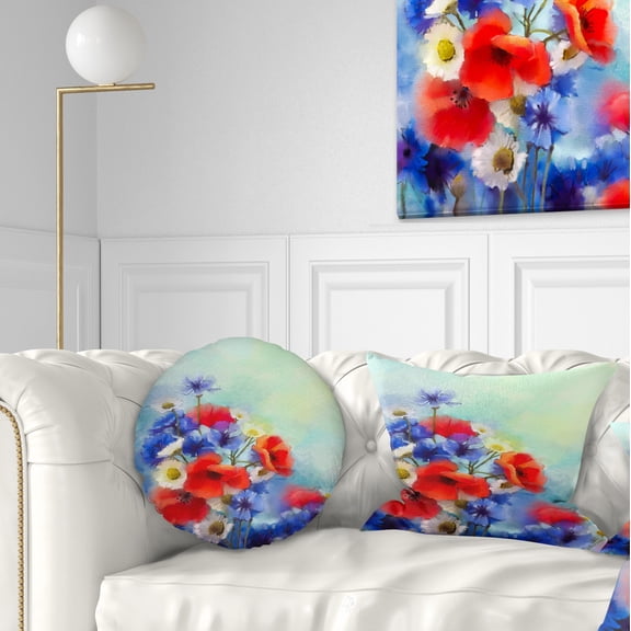 Designart Blue Cornflower and White Daisy - Floral Throw Pillow - 12x20