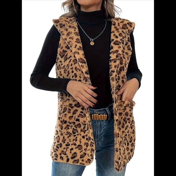 Chaleco Informal de Felpa de Doble Cara con Estampado de Leopardo, Capucha y Bolsillos para Mujer, Sin Hebillas, para Otoño e Invierno. Marrón Oscuro L