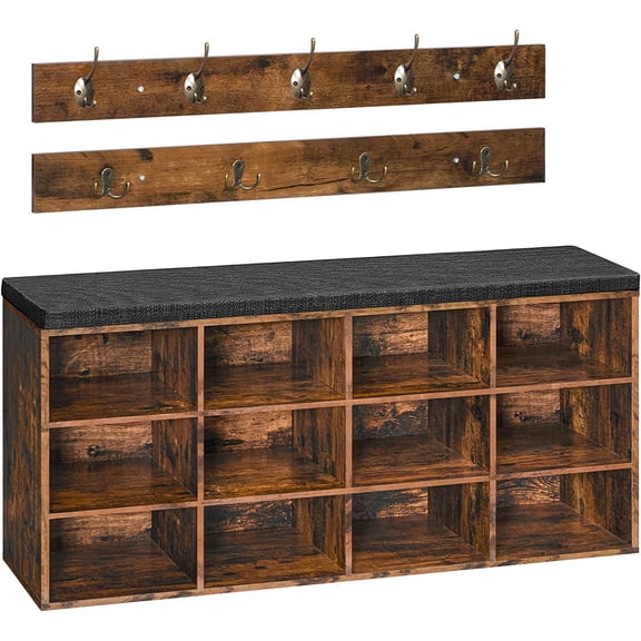 Shoe Storage Bench with Cushion, 39.4" L Entryway Bench with 12 Cubbies, Entryway Hall Tree with Storage, Shoe Cabinet with Coat Rack for Bedroom, Hallway, Holds up to 330 lb