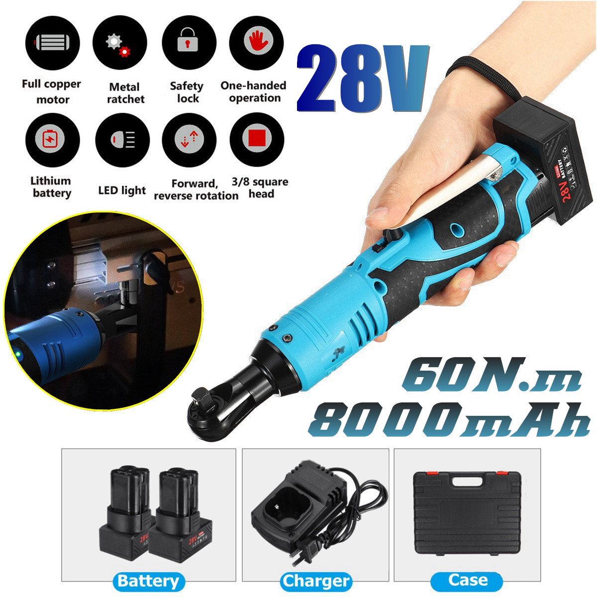 28V 3/8'' 60Nm Cordless Electric Ratchet Wrench, Ratchet Wrench Tool