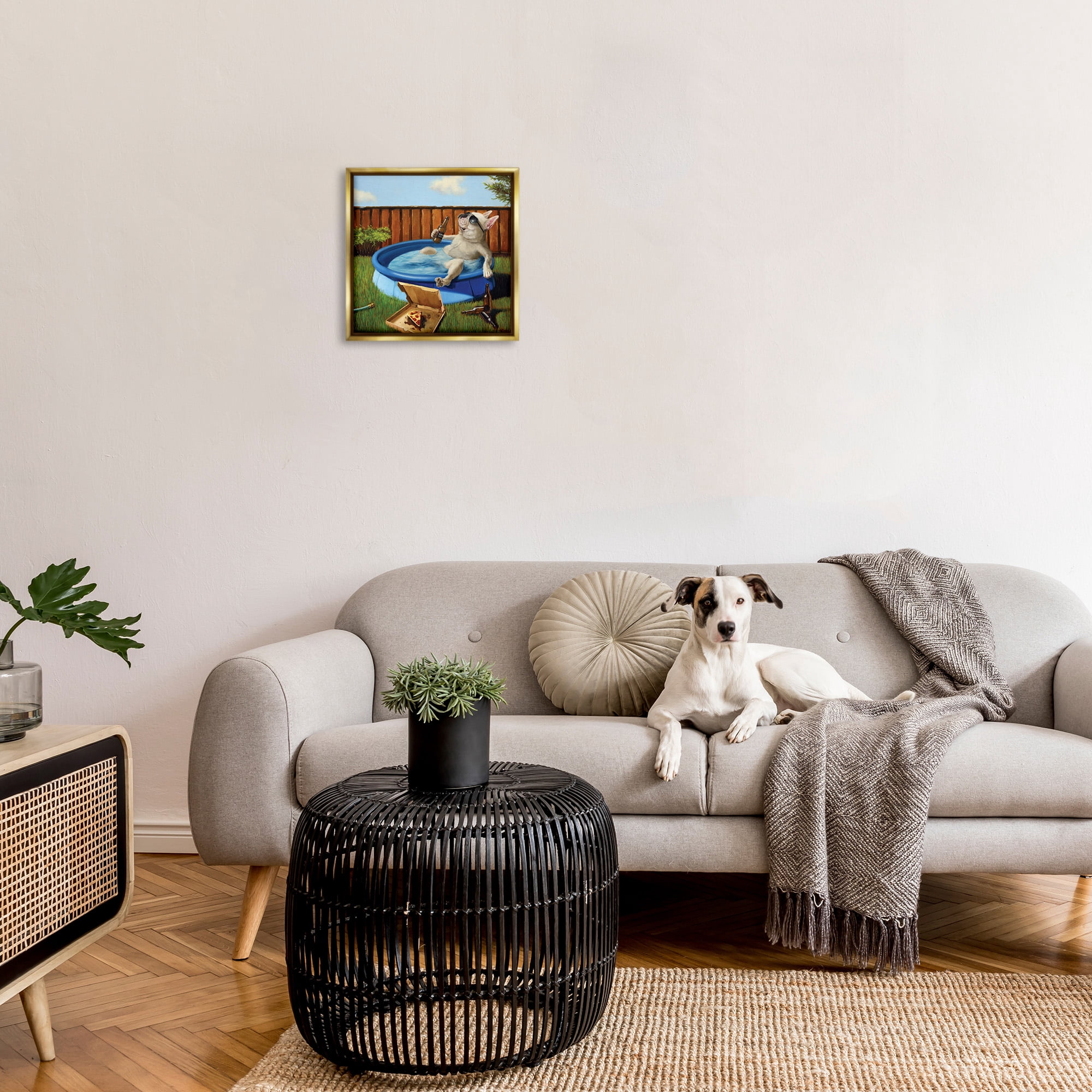 Stupell Industries Dog Drinking in Summer Pool Animals & Insects Painting Gold Floater Framed Canvas Art Print Wall Art, 18 x 18