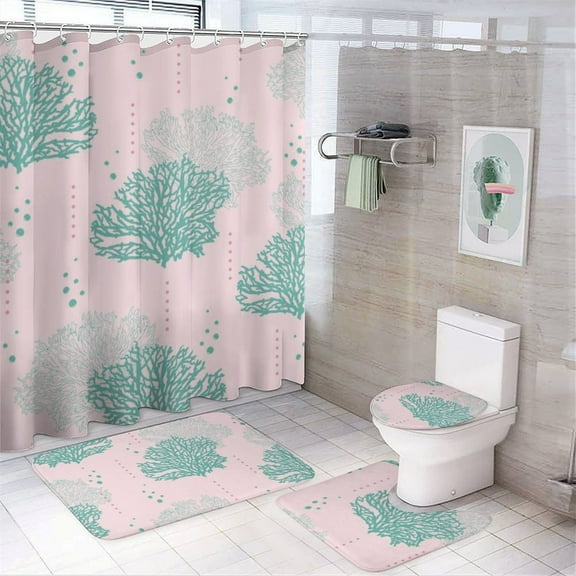 Marine Coral Shower Curtain Set 4PCs with Hooks Waterproof Bathroom Toilet Mat Lid Decor 4pcs