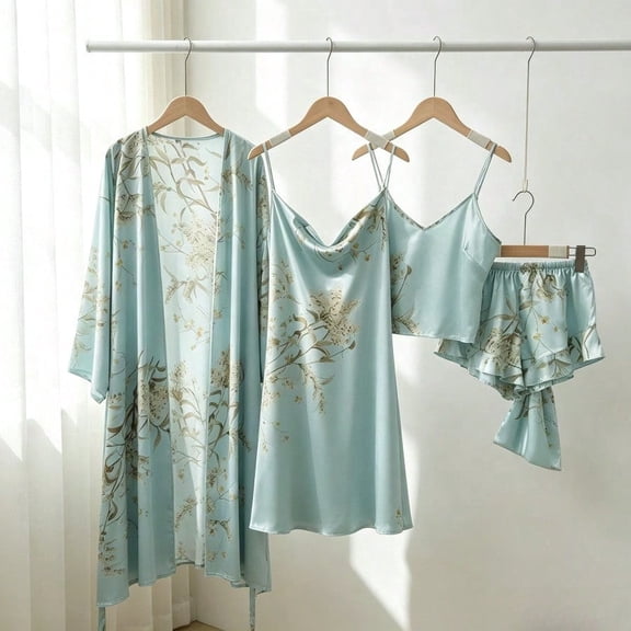 5-piece Summer Floral Print Satin Pajama Set for Women, Including Long-sleeve Pajama Robe, Cowl Neck Slip ,Camisole, Shorts,Elegant Silky Loungewear