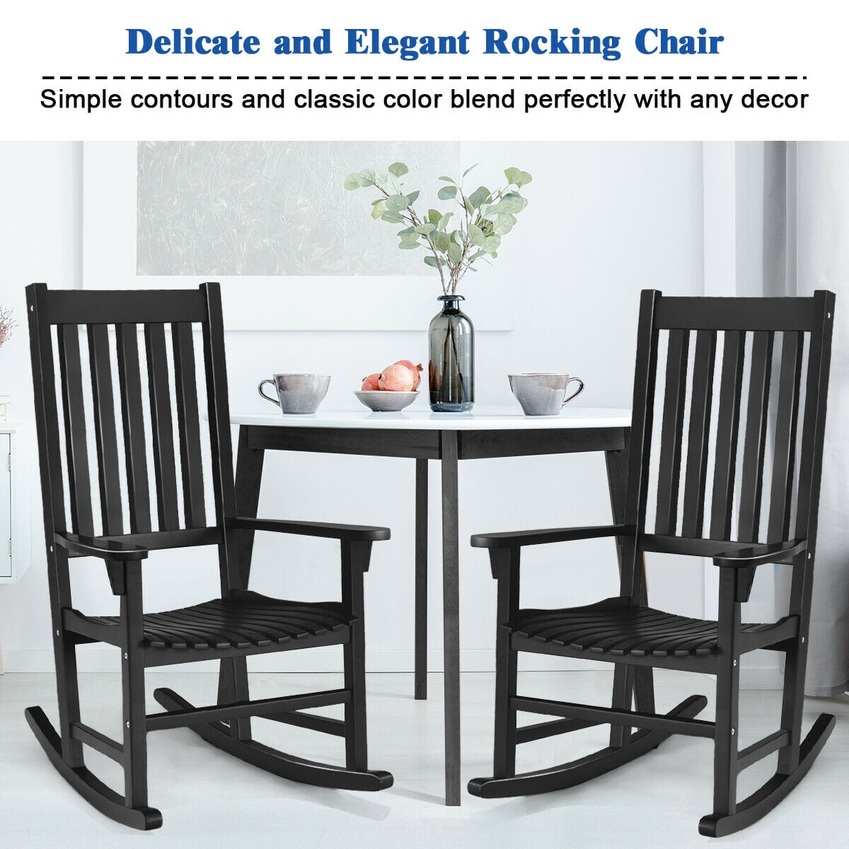 Gymax Wooden Rocking Chair High Back Garden Seat Porch Rocker For Indoor Outdoor Black
