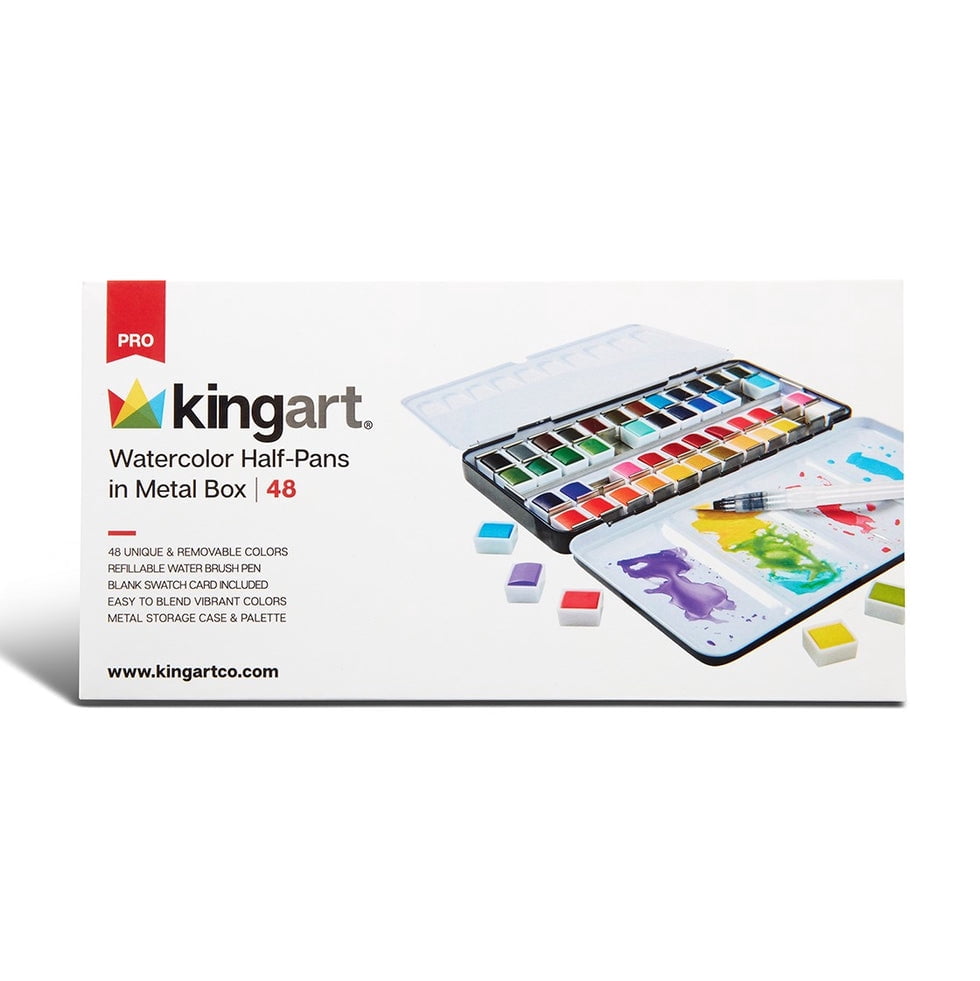 KINGART PRO Artist Watercolor Half-Pans, Tin Box with Water Brush, Set of 48 Vibrant Colors