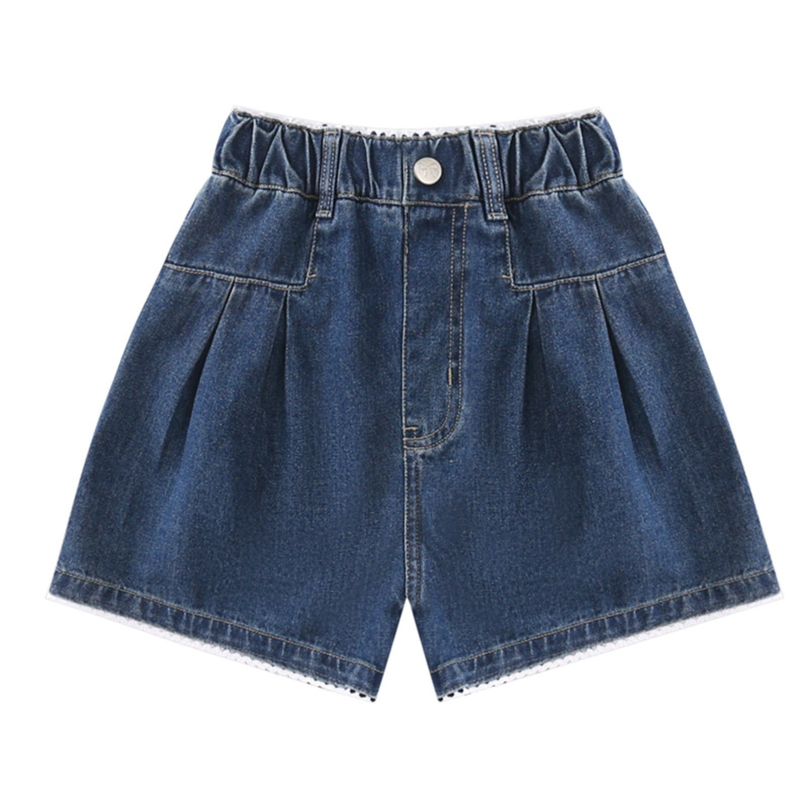 CPNG Girls Summer Thin Lace Denim Shorts Daily Casual Solid Color Elastic High Waist Shorts Jeans with Pockets(Blue 7-8 Years)