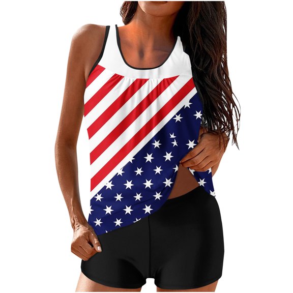 FAVIPT 4th of July Swimsuits for Women Two Piece with Boyshorts Tankini Bathing Suits Star Stripes American Flag Printed Blouson Vacation 2025 Swimwear Red,XL