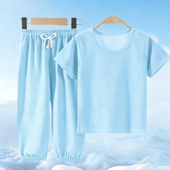 SGFCWSX Girls Clothing Sets Ribbed Knit Short Sleeve Long Pants 2 Piece Casual Outfit for Kids Light Blue Size 9-10 Years