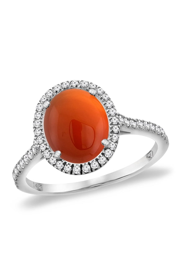 14K White Gold Natural Brown Agate Diamond Halo Engagement Ring 10x8 mm Oval, size 6.5
