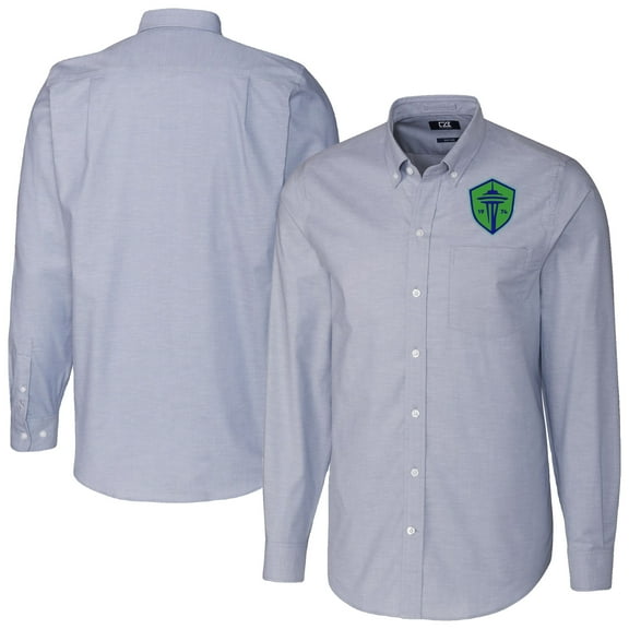 Men's-Cutter & Buck  Light Blue Seattle Sounders FC Stretch Oxford Stripe Tri-Blend Long Sleeve Button-Down Shirt