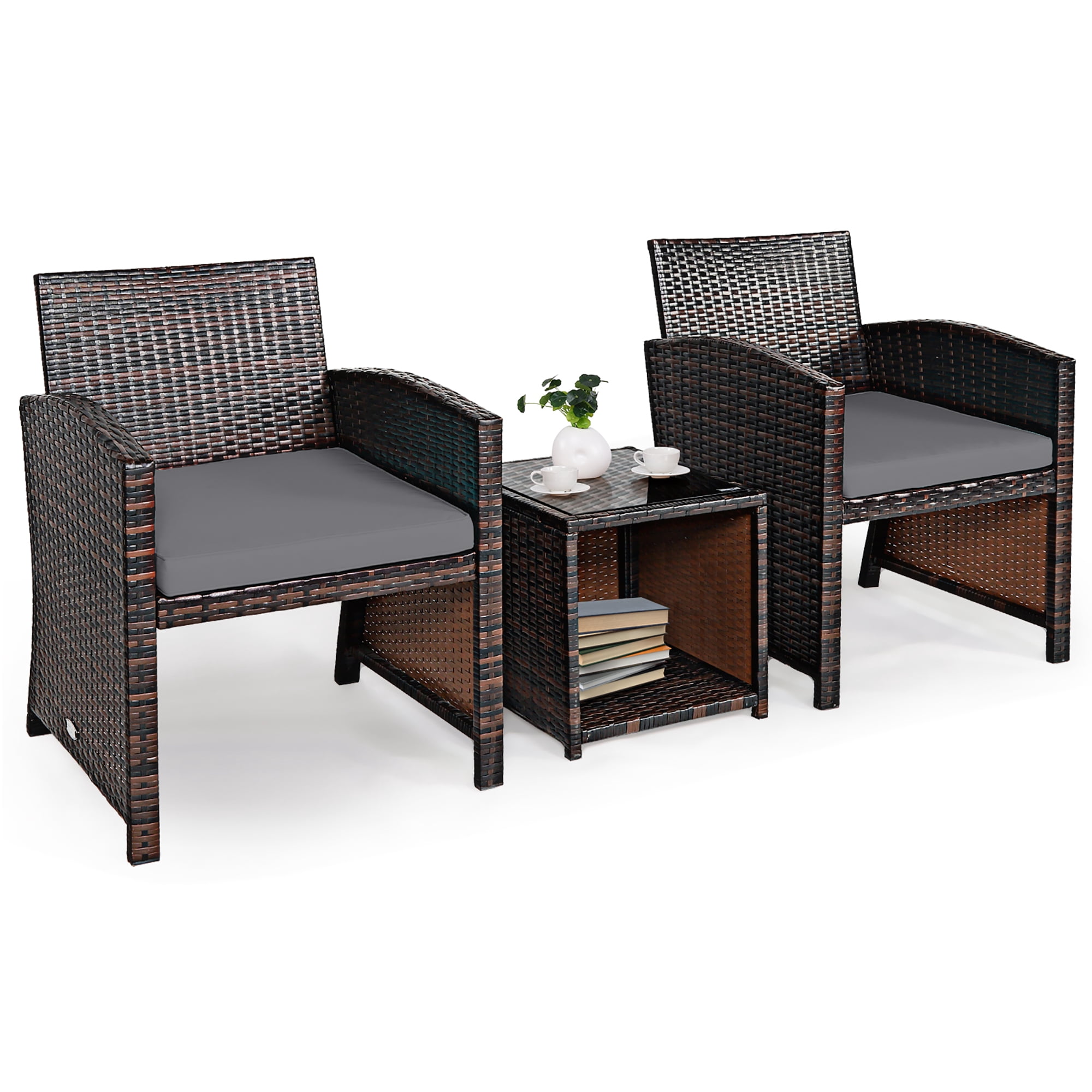 Costway 3PCS Patio Rattan Wicker Furniture Cushion Sofa Coffee Table Gray