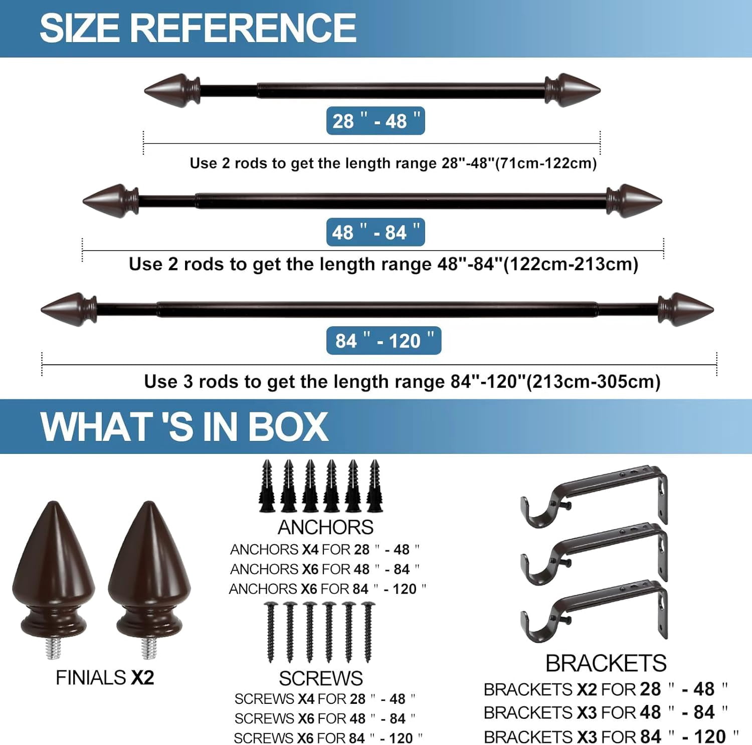 Urbanest Adjustable Single Curtain Rod Set Lance Finials – 5/8-Inch Diameter, With Bronze Rod, 84–120 Inches