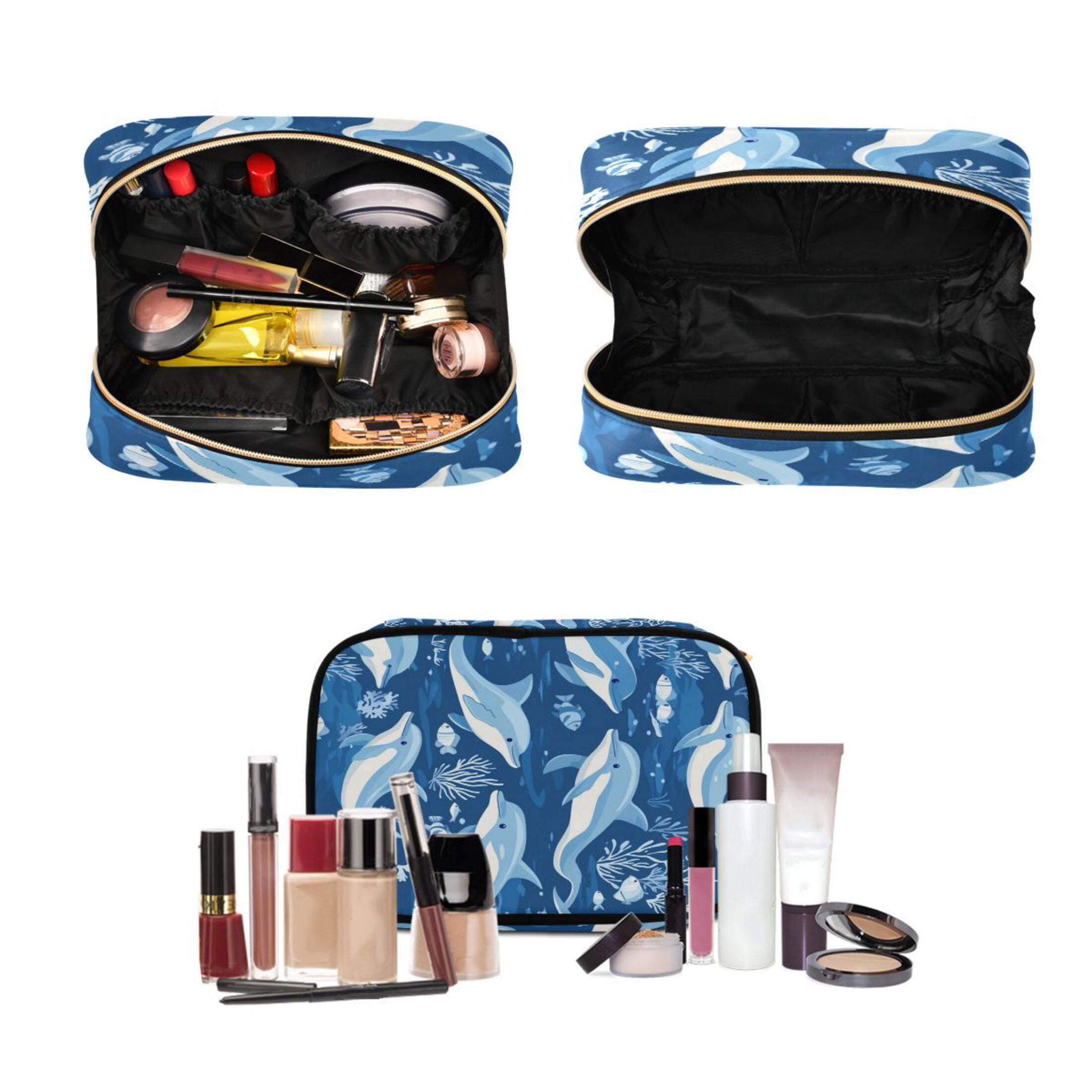 3-Piece Travel Toiletry Bag Set, Hanging Wash Bag with Makeup Bag & Brush Case,Waterproof Cosmetic Organizer for Travel, Gym & Home Playful Dolphins