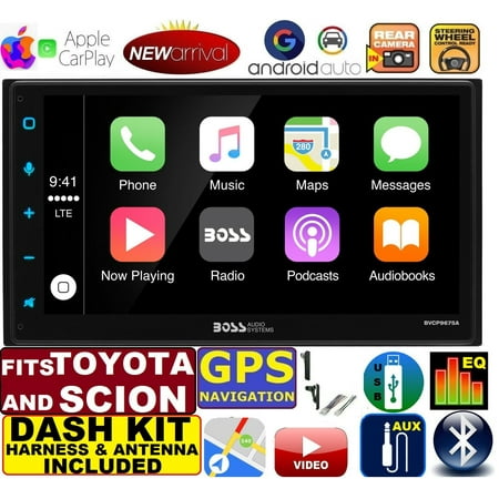FOR 2000-2015 TOYOTA & SCION APPLE CARPLAY NAVIGATION (works with IPHONE) AM/FM USB/BLUETOOTH CAR RADIO STEREO PKG. INCL. VEHICLE HARDWARE: DASH KIT, WIRE HARNESS, AND ANTENNA ADAPTER WHEN