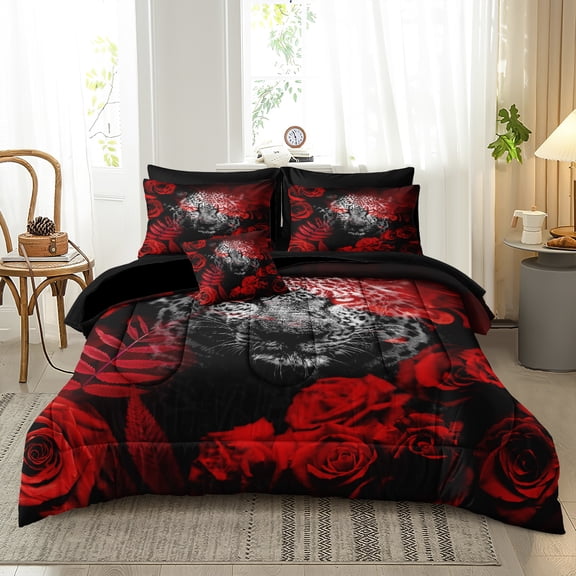 Rose Leopard Comforter Set Queen Size Boys Teen Wildlife Cheetah Bedding Bed in a Bag Queen Set Red Rose Leopard Printed Soft Fluffy Comforter Bed Set 8 Pieces 1 Comforter 4 Pillowcases 1 Fitted Shee