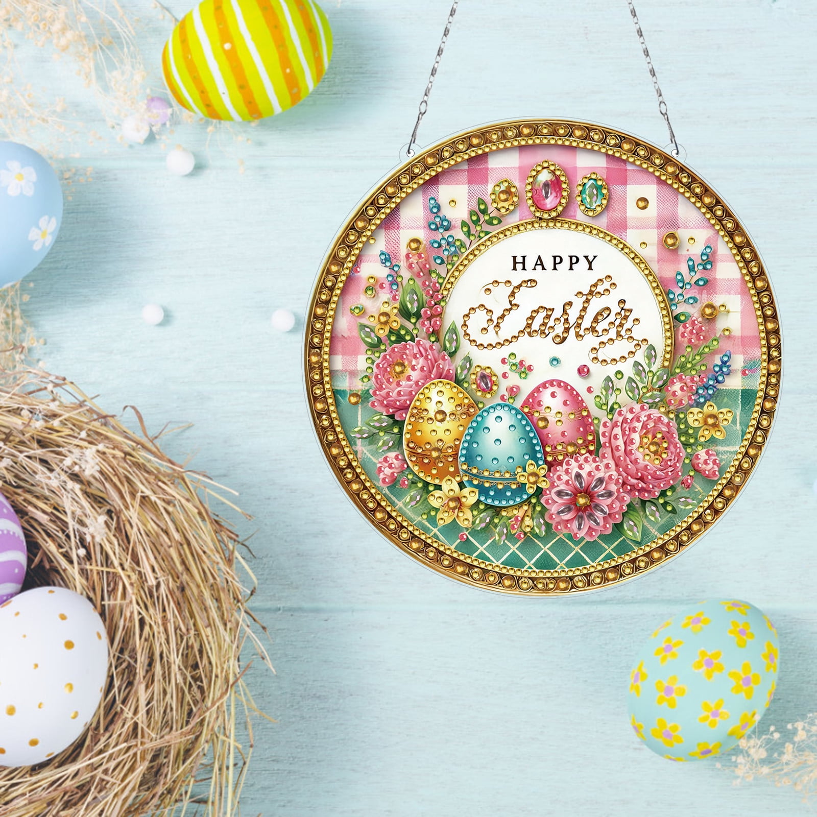 FLOPESN Circular Traditional-Style DIY Diamond Art Painting Pendant Easter Creative Design PET Material Home Decor Pendant
